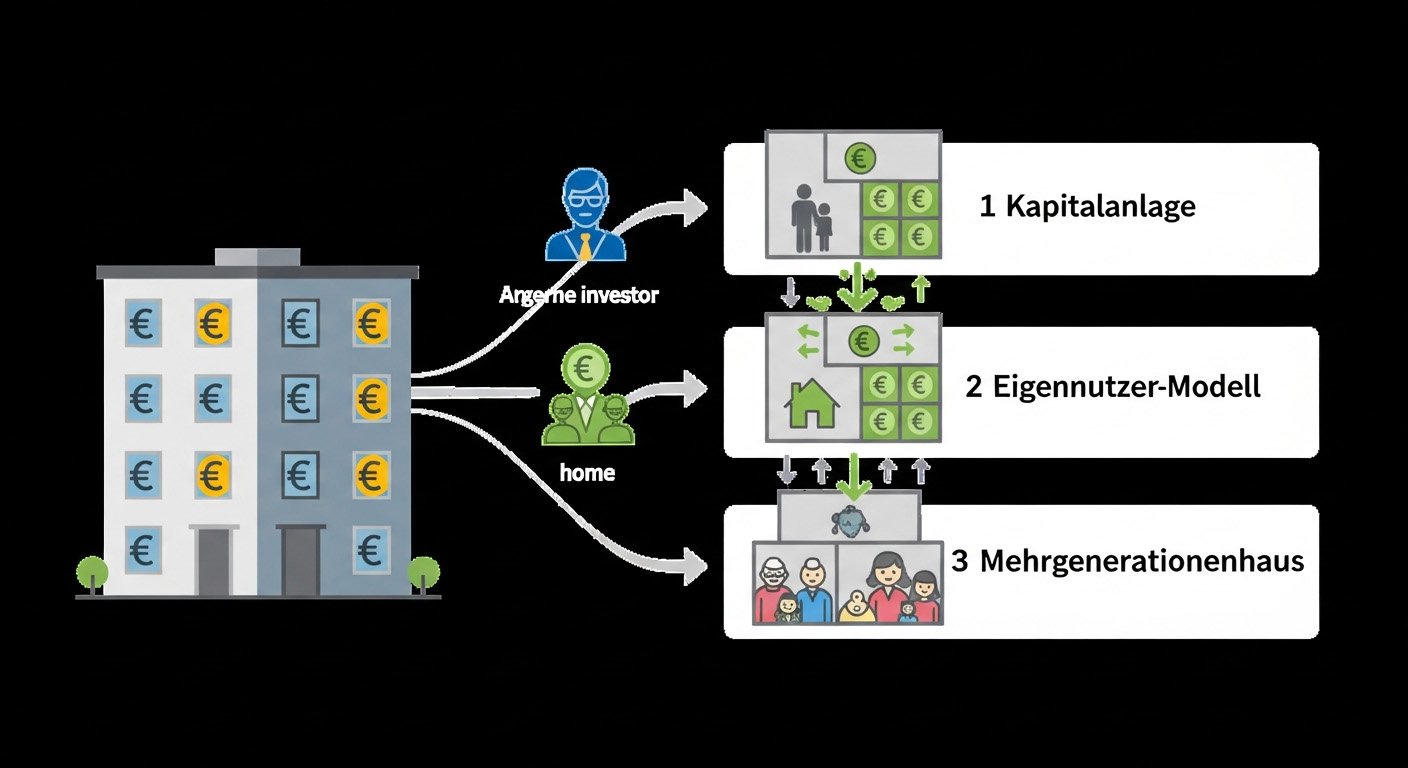 Infografik, die drei Nutzungsmodelle für ein Mehrfamilienhaus vergleicht: als reine Kapitalanlage, für Eigennutzer mit Teilvermietung und als Mehrgenerationenhaus.