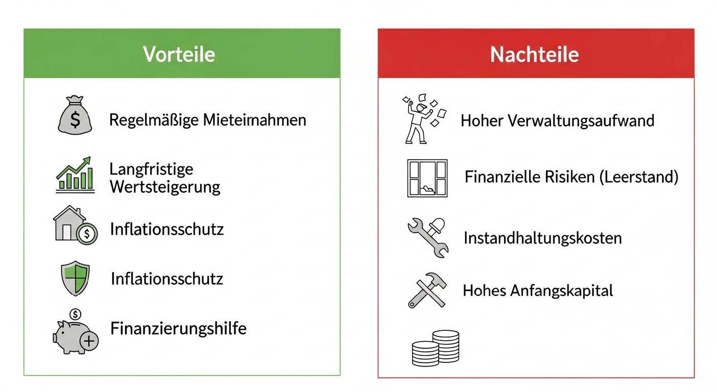 Gegenüberstellung der Vor- und Nachteile beim Kauf eines Mehrfamilienhauses. Vorteile sind Mieteinnahmen und Wertsteigerung, Nachteile sind Verwaltungsaufwand und finanzielle Risiken.