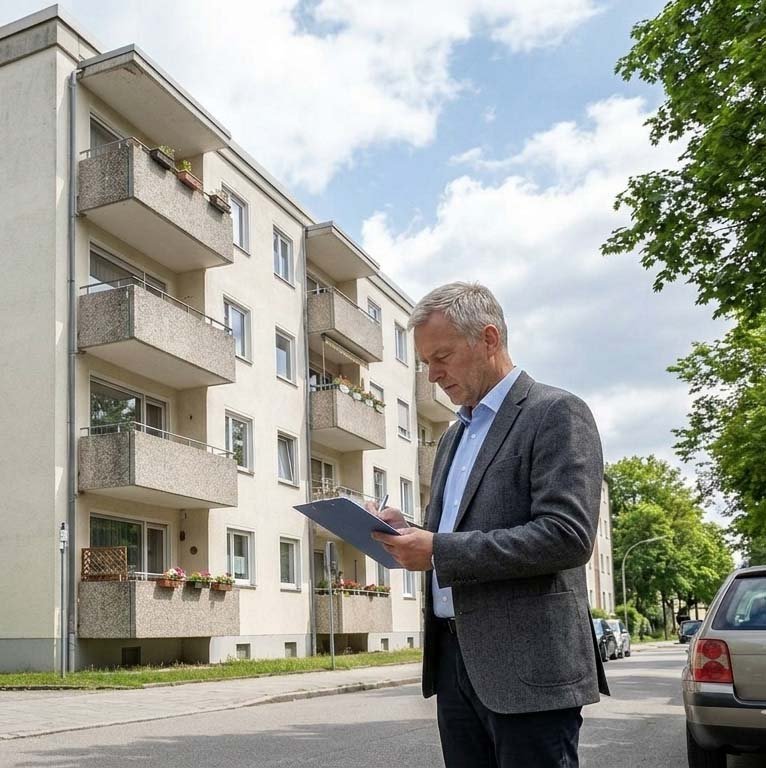 Mehrfamilienhaus aus den 1960er Jahren in München, das von einem Gutachter begutachtet wird