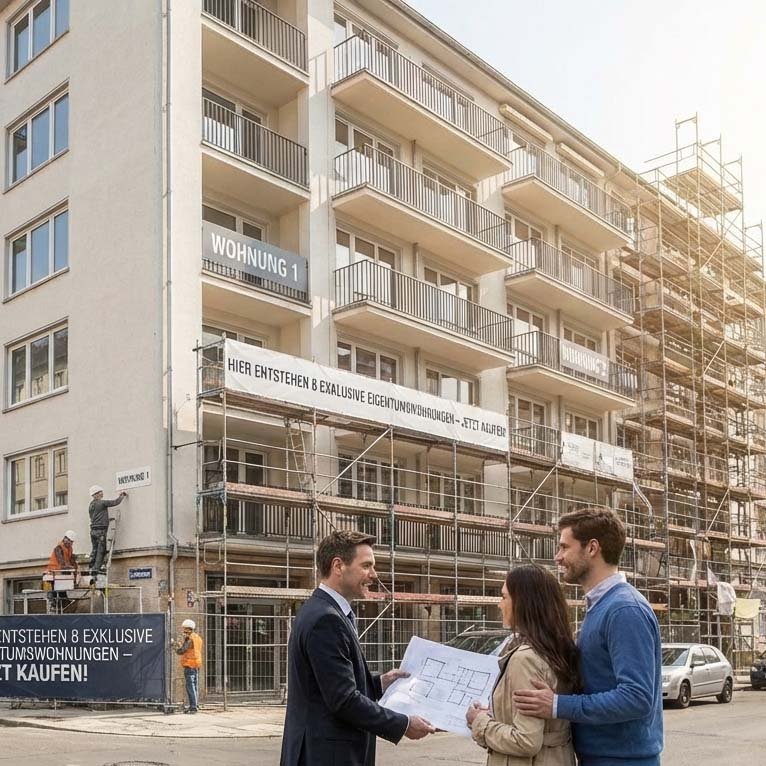 Architekt und Eigentümer stehen vor einem Mehrfamileinhaus das gerade in einzelne Wohungnen aufeteilt wurde und die Wohnungen renoviert werden
