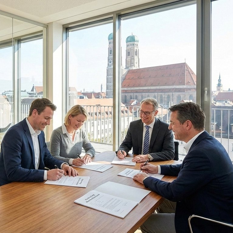 Drei Personen beim Notar in München, wo der Vertrag über ein Mehrfamilienhaus abgeschlossen wird. Das Büro des Notars ist hell und modern. Im Fenster sieht man die Stadt München.