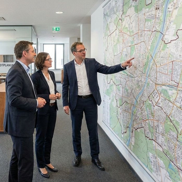 Baubehörde wo Beamte über den Plan der Stadt München an der Wand stehen und diskutieren, das Büro ist hell und modern